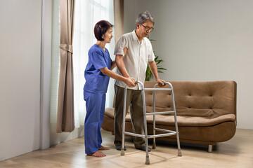 Caregiver takecare older man that having Sarcopenia or muscle loss. Sarcopenia is a degenerative...