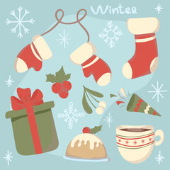 Set of Christmas or New Year elements. Cute cozy hand drawn vector clip art.