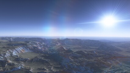 Exoplanet fantastic landscape. Beautiful views of the mountains and sky with unexplored planets. 3D illustration.
