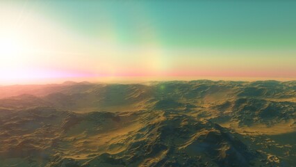 Fototapeta na wymiar Exoplanet fantastic landscape. Beautiful views of the mountains and sky with unexplored planets. 3D illustration. 