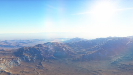 Exoplanet fantastic landscape. Beautiful views of the mountains and sky with unexplored planets. 3D illustration.
