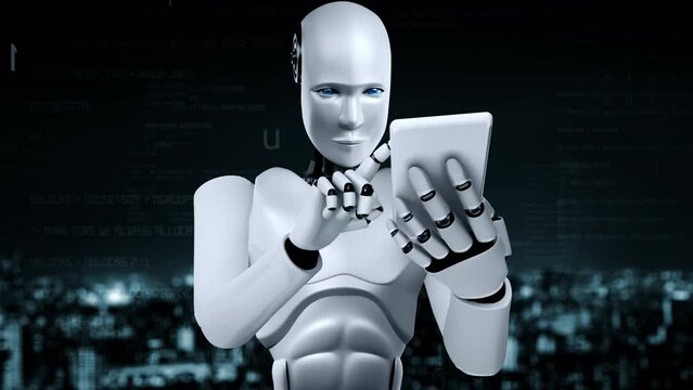 Futuristic robot artificial intelligence huminoid AI programming coding technology development and machine learning concept. Robotic bionic science research for future of human life. 3D rendering.