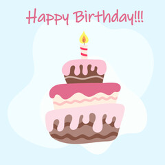 Hand drawn cute happy birthday card with cake and candle. Greeting card vector illustration