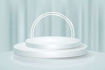 Abstract curtain scene 3d round podium pastel blue background for product presentation mockup show