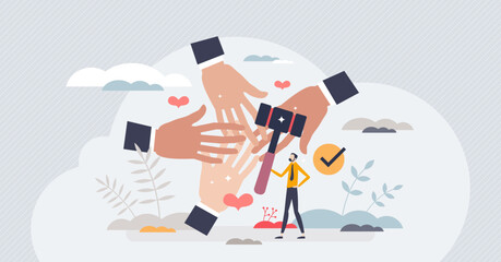 Pro bono work with public good social and free services tiny person concept. Lawyer help for community protection and defense in court vector illustration. Assistance and consulting for compensations.