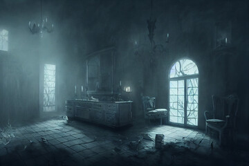 creepy interior of an abandoned building background, concept art, digital illustration, haunted house, scary interior, Generative AI	