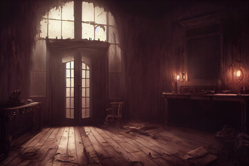 creepy interior of an abandoned building background, concept art, digital illustration, haunted house, scary interior	
