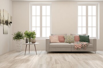 Fototapeta premium White living room with sofa. Scandinavian interior design. 3D illustration