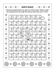 Math maze and coloring page with gingerbread man cookie: Make a path by drawing a line through the boxes that have sum of 100.
