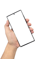 Male hand using and holding smartphone with blank screen isolated on white background.