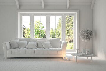 Fototapeta premium Mock up of stylish room in white color with sofa and green landscape in window. Scandinavian interior design. 3D illustration
