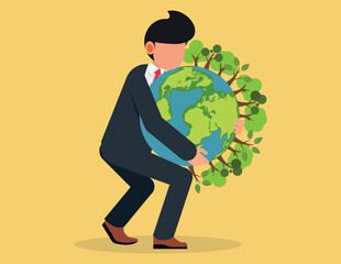 Environment protection, Businessman embracing a globe. ecology conservation concept flat vector illustration