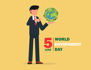 World environment day. businessman invite environmental protection, ecology conservation concept