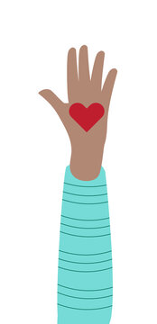 Raising hand drawning heart on palm. Human body gesture for love sign, vote, volunteer and support activity concept. 