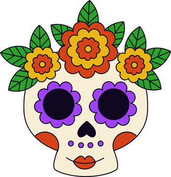 Vector illustration of cartoon Mexican skull on white background.