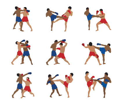 Thai boxing cartoon set, Two caucasian men exercising thai boxing,  isolated on white background