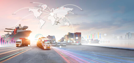Smart technology logistics concept, world map of Global logistics network distribution, Air cargo trucking, business and analyzing financial and investment data