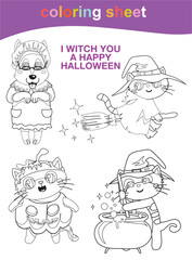 Coloring page for toddlers. Cute animal dress in Halloween costumes. Activity kit for kindergarten students. Cute Halloween illustration. Coloring Halloween worksheet page. Vector illustration file