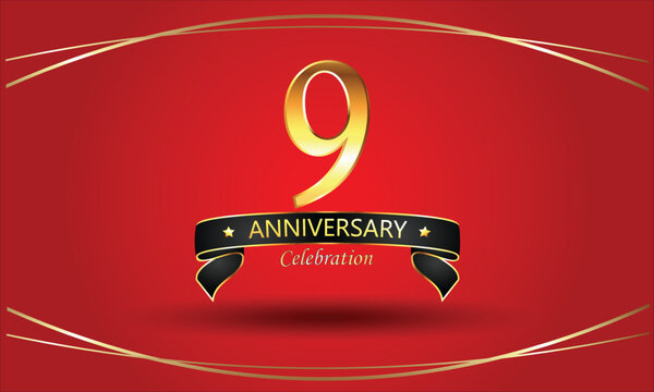 9th Anniversary Celebration with red background. 9 Year Golden anniversary banner. red anniversary celebration. Golden anniversary with ribbon