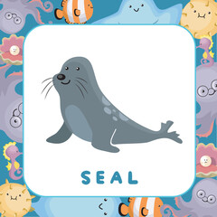 Sea animal flashcards for kids. Introducing the sea animals to children. Ready to print educational flashcards. Cute sea animal illustrations flashcards for toddlers. Printable game card for kids
