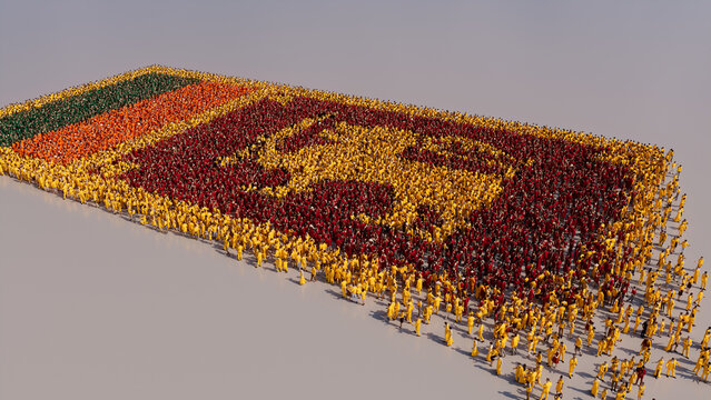 A Crowd of People congregating to form the Flag of Sri Lanka. Sri Lankan Banner on White.