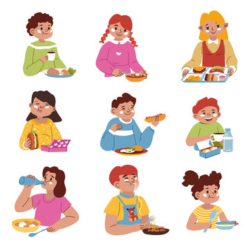 Children eating food in school or home lunches