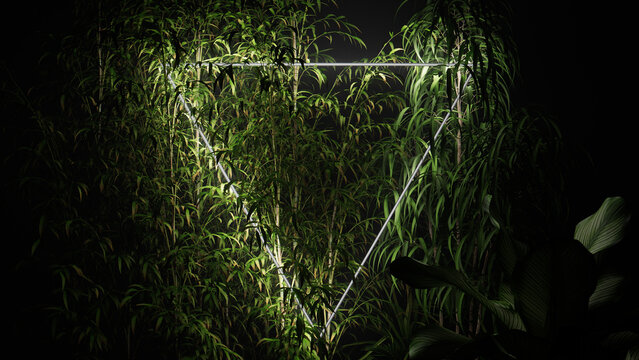 Trendy Background Design. Tropical Plants with White, Triangle shaped Neon Frame.