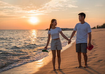 Portrait of happy Asian couple hands holding and walking smile together on beach while golden sunset time evening.