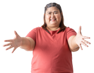 Fat woman asian showing hand blank area for sign or copyspase, isolated over white background