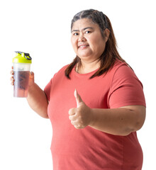 Asian woman fat drink in hands water or supplement bottle, isolated white on background