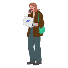 Busy working woman vector illustration in line filled design