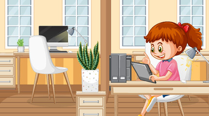 Little girl using tablet at home