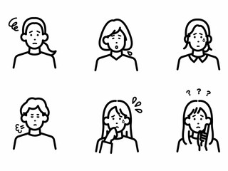 ネガティブな表情の女性のアバターイラストセット　線画のみ