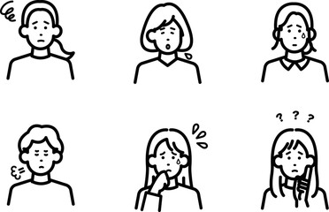 ネガティブな表情の女性のアバターイラストセット　線画のみ