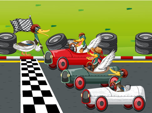 Soap Box Derby Race With Ducks Cartoon Character