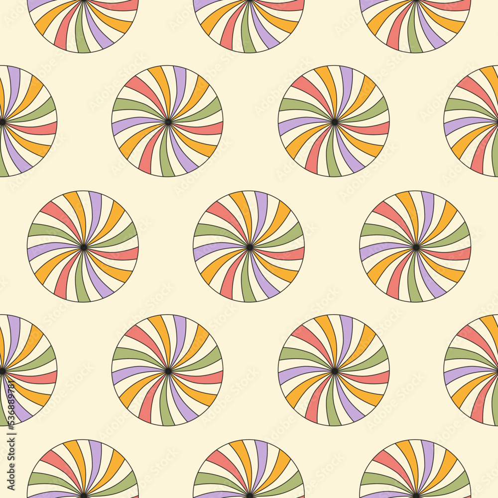 Poster Retro abstract seamless pattern with colorful swirl sunburst in round shape. Trendy geometric background in style 60s, 70s. Pastel colors. Vector illustration