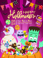 Naklejka premium halloween party invitation happy halloween sweets confectionery candies with frankenstein mummy cute ghost no tricks just treats