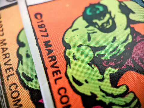 Closeup view of vintage Incredible Hulk Marvel comic book shows the details of the dot pattern printing process