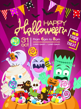 halloween party invitation happy halloween sweets confectionery candies with frankenstein mummy cute ghost no tricks just treats