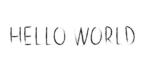 Doodle cosmos lettering in childish style. Hand drawn abstract space text hello world. Black and white.