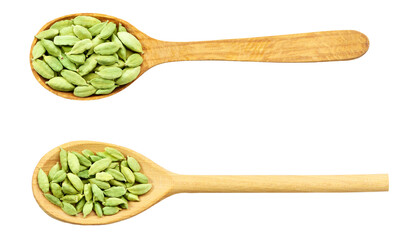 Cardamom pods in a wooden spoon isolated on white background, top view.