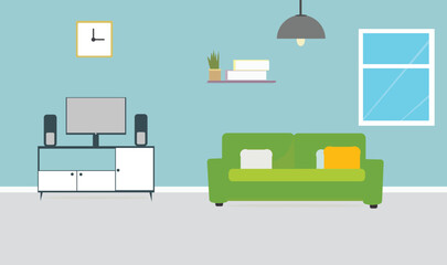 Interior of the living room. Vector banner. Design of a cozy room with sofa, TV stand, window and decor accessories