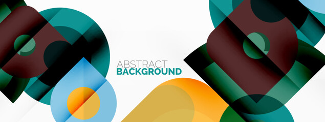 Obraz premium Colorful round shapes, circles and triangles background. Minimal geometric template for wallpaper, banner, presentation