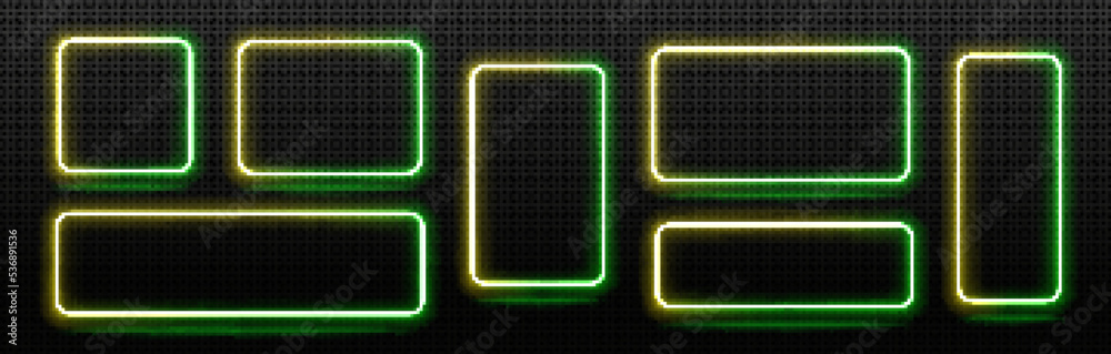 Wall mural neon frames, isolated colorful led square and rectangular borders. green and yellow illuminated geom
