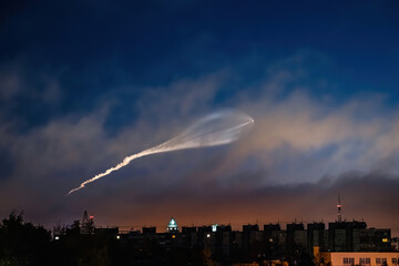 Soyuz space rocket launch. Space jellyfish in sky. Plume of rocket gases in sun at dawn. © Galina Atroshchenko