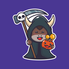 Grim reaper bull holding scythe and halloween pumpkin. Cute halloween cartoon illustration. 