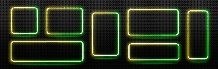 Neon frames, isolated colorful led square and rectangular borders. Green and yellow Illuminated geometric shapes on black background. Color light signboards for night club, Realistic 3d vector set