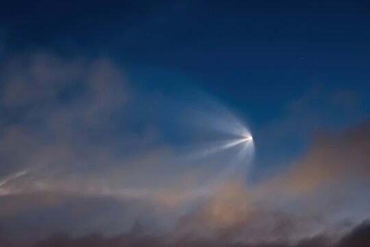 Soyuz Space Rocket Launch. Space Jellyfish In Sky. Plume Of Rocket Gases In Sun At Dawn.