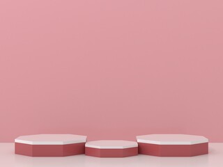red geometry podium products display minimal mockup 3d render. front view red room, white background podium shape geometric. stand show cosmetic product. Stage showcase on pedestal podium.