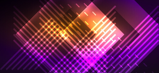 Background wallpaper neon glowing lines and geometric shapes. Dark wallpaper for concept of AI technology, blockchain, communication, 5G, science, business and technology